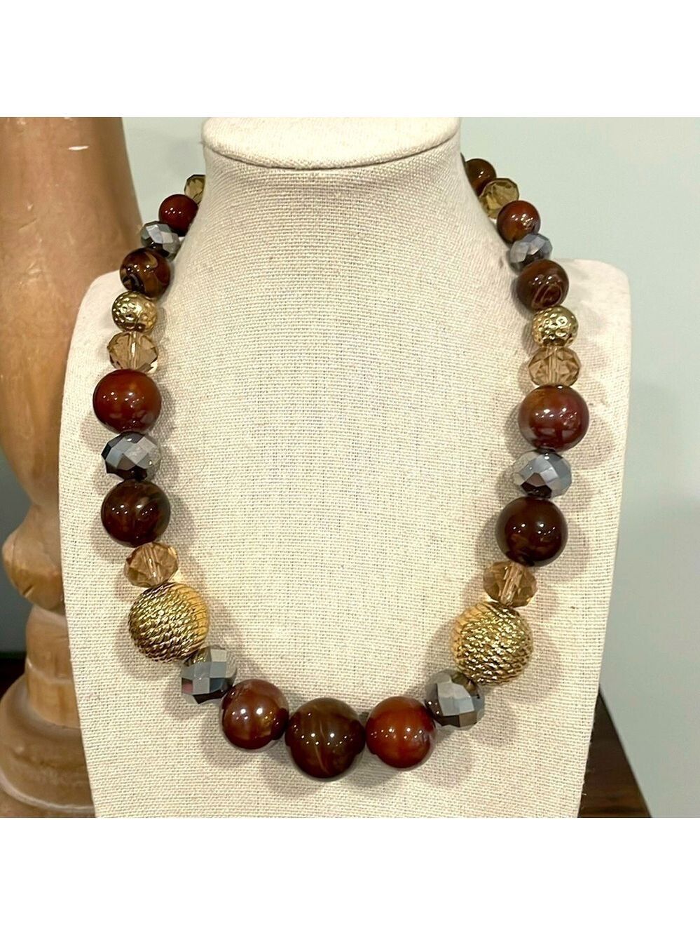 Natural tone chunky beaded statement necklace metallic accents